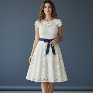 ivory lace dress tulle lined coquette ribbon belt fit & flare Party dress sz 14